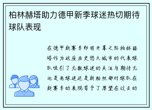 柏林赫塔助力德甲新季球迷热切期待球队表现