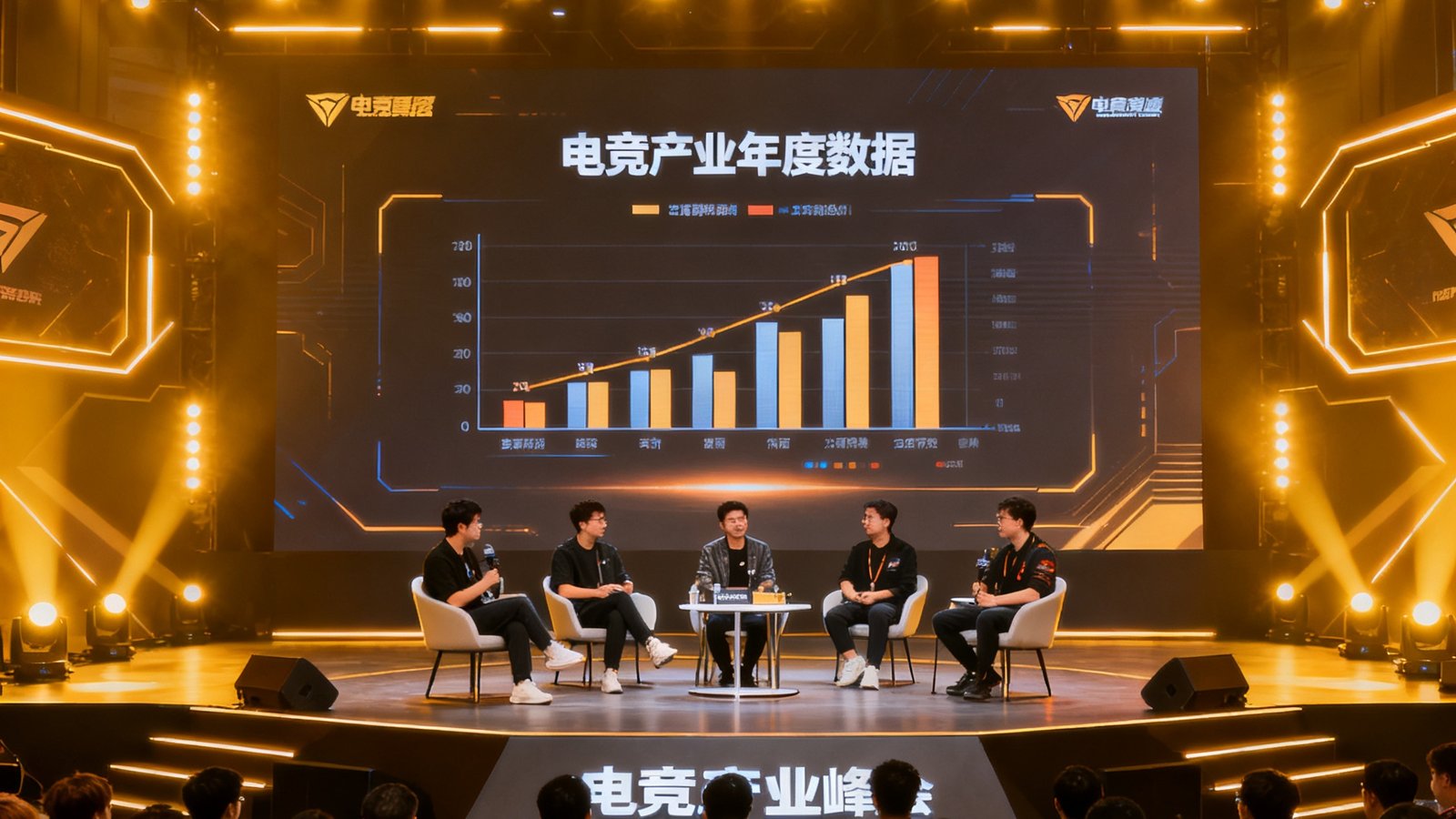 大型电竞产业峰会现场，舞台上嘉宾正在进行圆桌讨论，背景LED大屏显示着电竞产业年度数据，台下坐满了行业从业者，灯光璀璨，气氛热烈。
