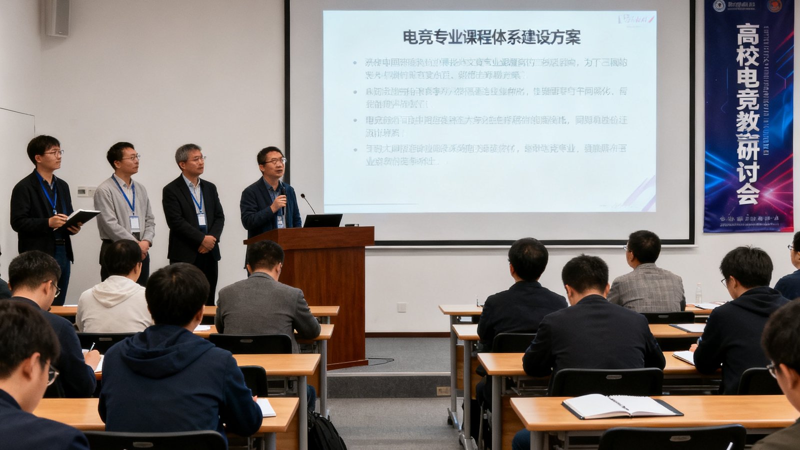 高校电竞教育研讨会上，几位学者正在讲台上分享研究成果，投影屏幕展示着电竞专业课程体系建设方案，台下参会者认真记录笔记，会场布置简洁学术。