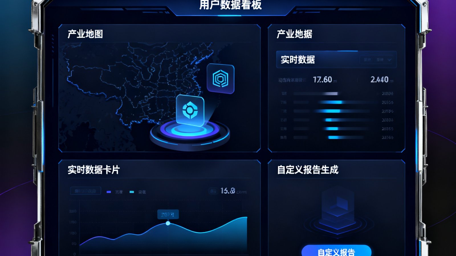 小艾电竞数据平台升级后的仪表盘界面截图，展示全新设计的用户数据看板，包含可交互的产业地图、实时数据卡片和自定义报告生成模块，界面采用深色科技风格。