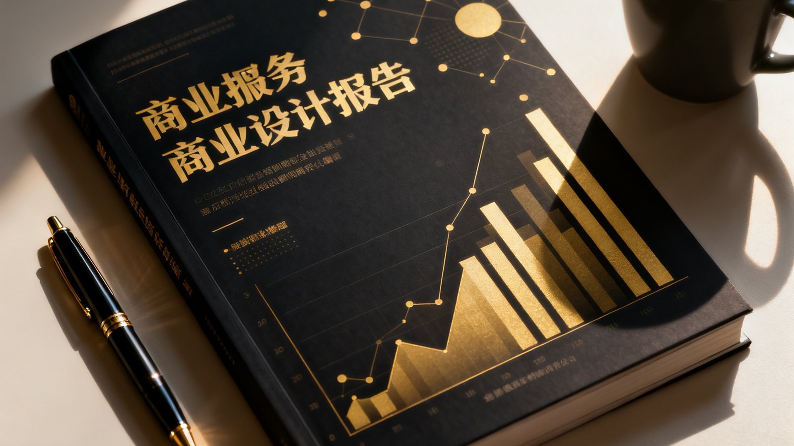 一本印制精美的赛事商业化研究报告封面特写，封面设计采用深色背景配金色数据图表元素，标题文字清晰，报告旁边放置着一支钢笔和一杯咖啡，办公桌面上有柔和灯光照射。