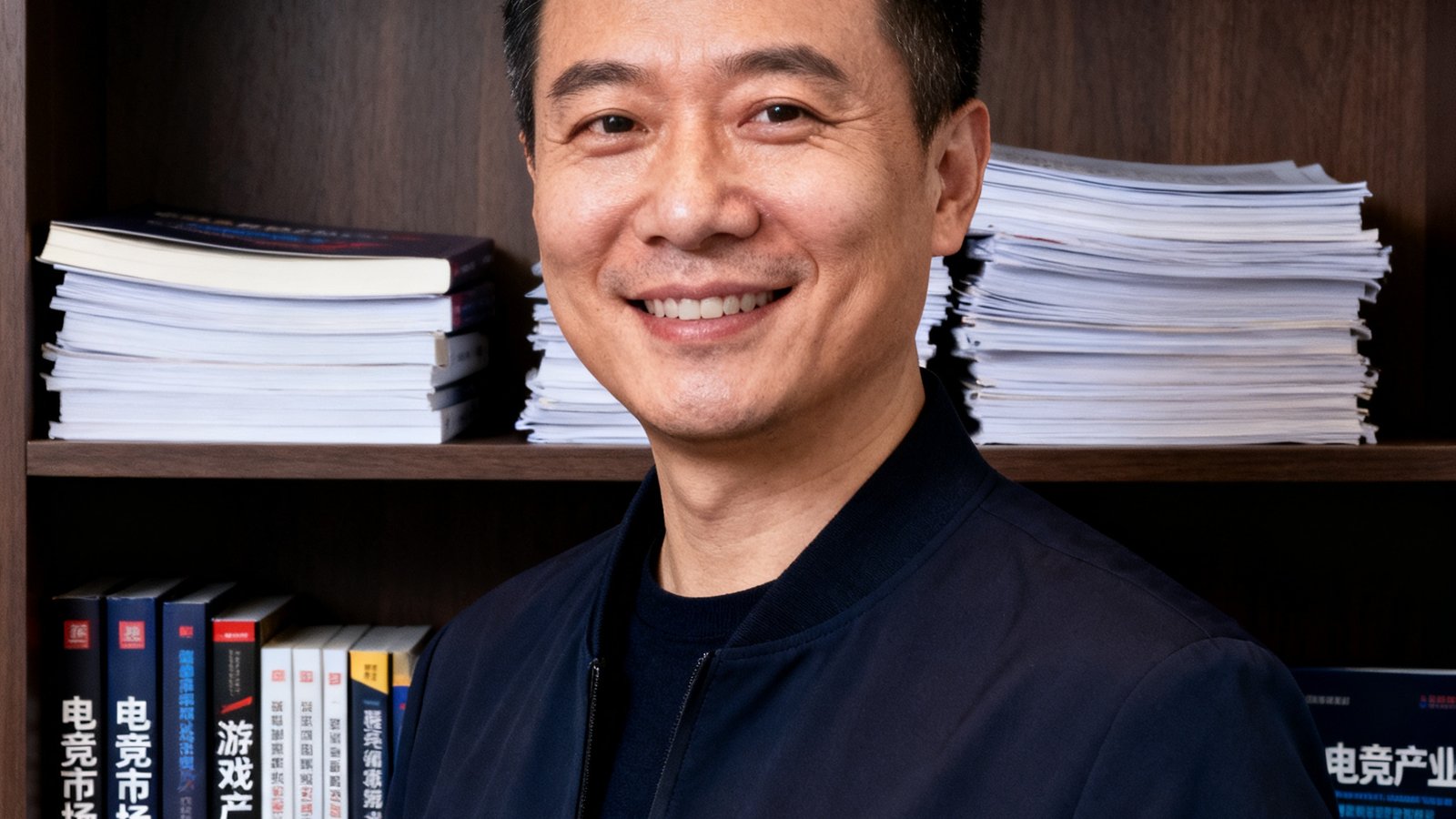 一位40岁左右的中国男性首席分析师，穿着深色商务休闲装，在书架背景前拍摄专业肖像照，他面带自信微笑，眼神专注，身后书架摆满了电竞产业相关书籍和研究报告。