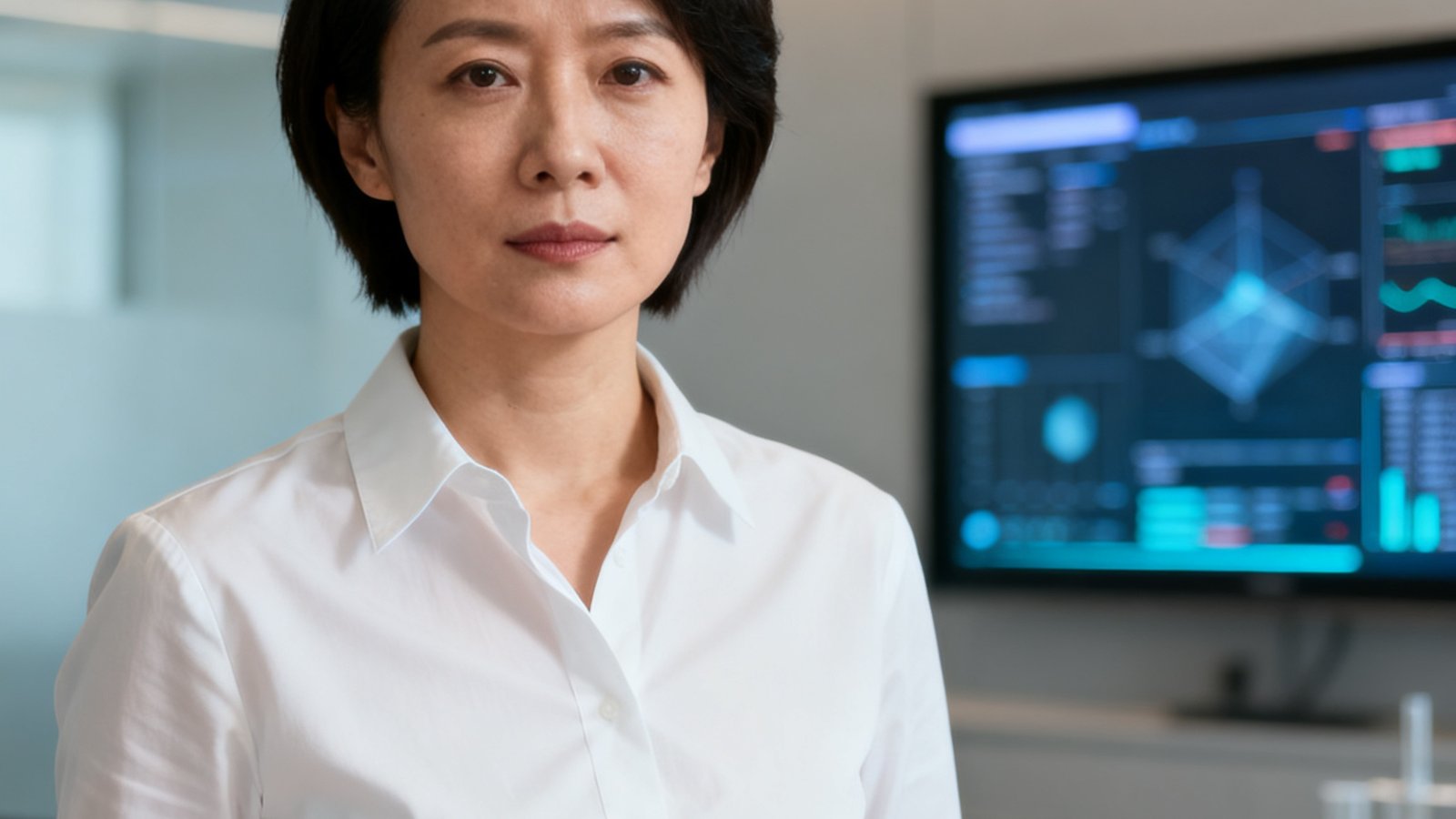 一位35岁左右的中国女性研究总监，留着干练短发，穿着白色衬衫，在现代化办公环境中拍摄的专业肖像，表情坚定有力，背景可见数据可视化屏幕。