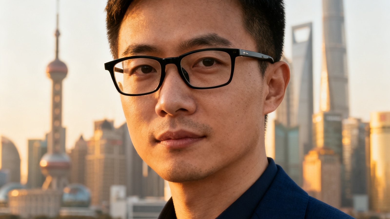 一位32岁左右的男性高级研究员，戴着黑框眼镜，穿着深蓝色西装外套，在户外自然光下拍摄的半身肖像照，背景是上海陆家嘴天际线，体现专业与城市活力的结合。