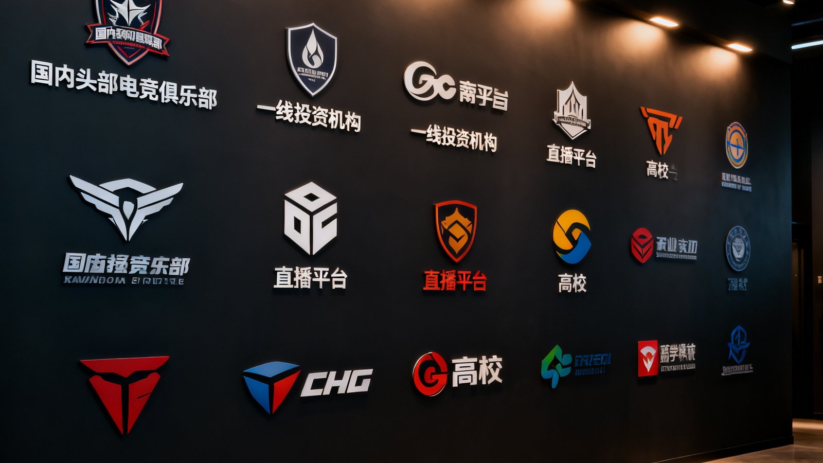一面品牌合作展示墙上排列着多家知名企业的Logo标识，包括国内头部电竞俱乐部、一线投资机构、直播平台和高校的Logo，展示墙采用深色背景配以柔和灯光照明，体现专业商务氛围。